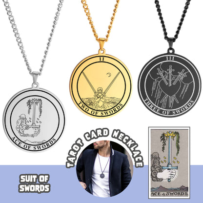 Round Tarot Card Necklace Of The Suit Of Swords Deck Of Cards | Men's Spiritual Jewelry | Minor Arcana Pingents | Apollo Tarot Shop