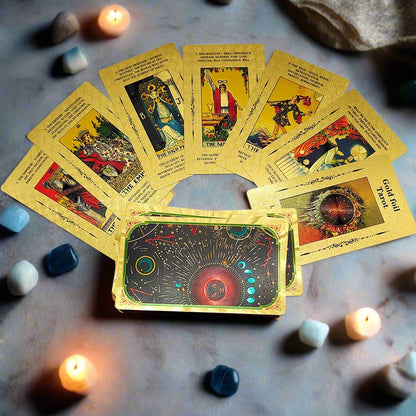 Beginner Tarot Deck With Meaning Keywords In Gold Foil Premium Tear-Resistant Cards | Divination Tarot Card Set With English Guidebook For Newbies | Apollo Tarot Shop