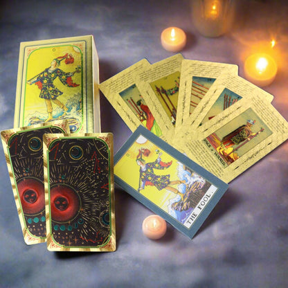 Beginner Tarot Deck With Meaning Keywords In Gold Foil Premium Tear-Resistant Cards | Divination Tarot Card Set With English Guidebook For Newbies | Apollo Tarot Shop