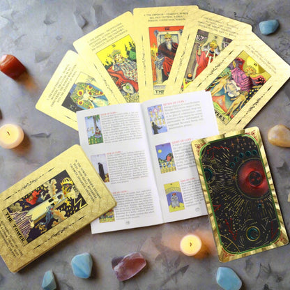 Beginner Tarot Deck With Meaning Keywords In Gold Foil Premium Tear-Resistant Cards | Divination Tarot Card Set With English Guidebook For Newbies | Apollo Tarot Shop