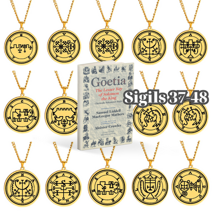 Gold Pendant Necklace With Seals Of The 72 Spirits In The Lesser Key of Solomon (Sigils 37-48) | Apollo Tarot Jewelry Shop