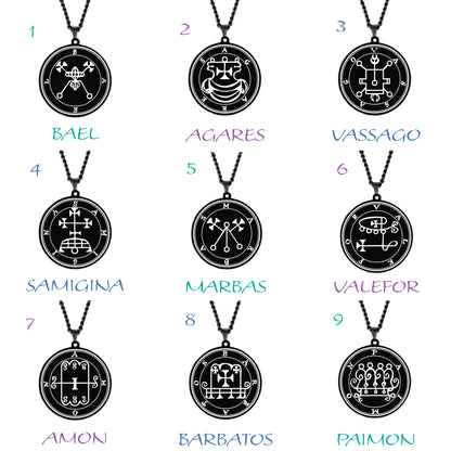 Black Necklace With Seals Of The 72 Spirits In The Lesser Key of Solomon | King Asmoday Demon Origins Goetia Stainless Steel Pendant | Apollo Tarot Jewelry Shop