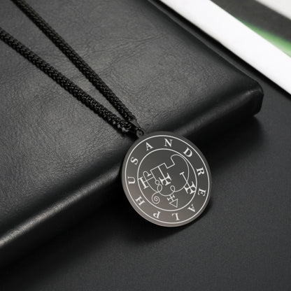 Black Necklace With Seals Of The 72 Spirits In The Lesser Key of Solomon | King Asmoday Demon Origins Goetia Stainless Steel Pendant | Apollo Tarot Jewelry Shop