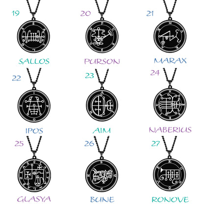 Black Necklace With Seals Of The 72 Spirits In The Lesser Key of Solomon | King Asmoday Demon Origins Goetia Stainless Steel Pendant | Apollo Tarot Jewelry Shop