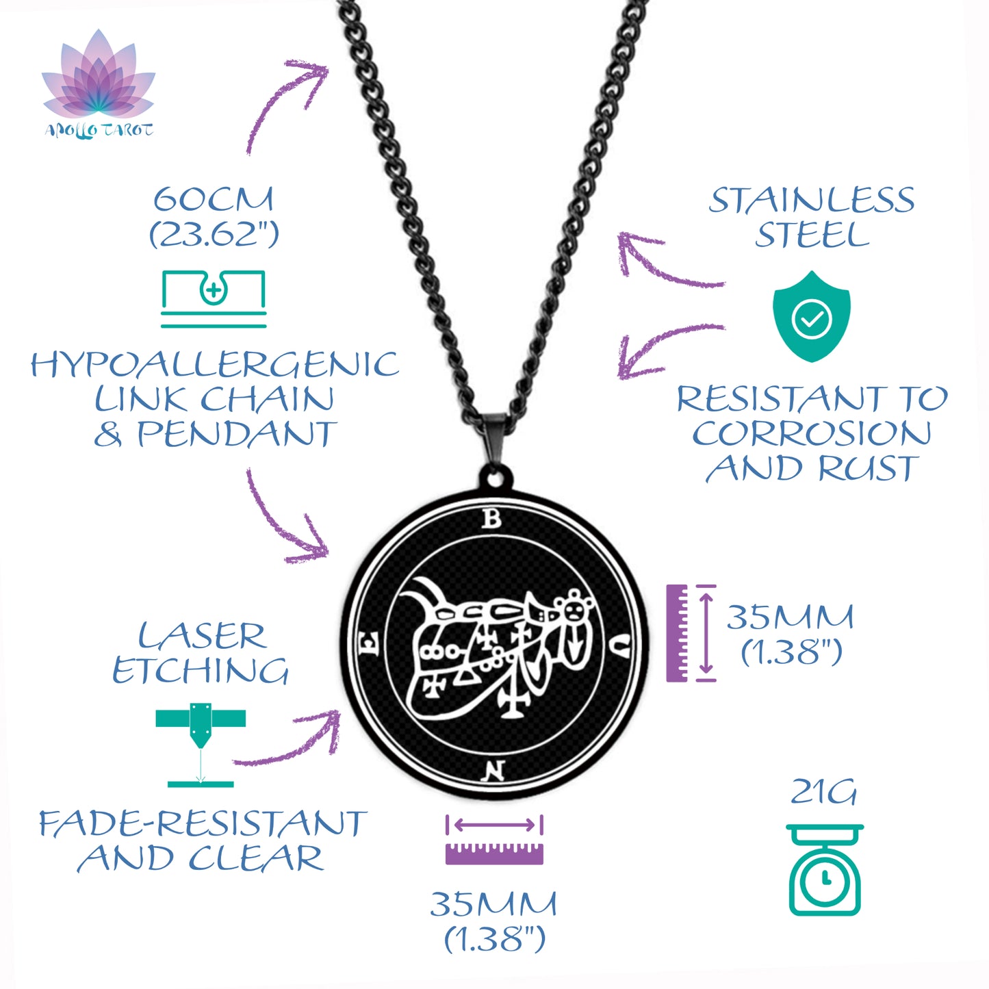 Black Necklace With Seals Of The 72 Spirits In The Lesser Key of Solomon | King Asmoday Demon Origins Goetia Stainless Steel Pendant | Apollo Tarot Jewelry Shop