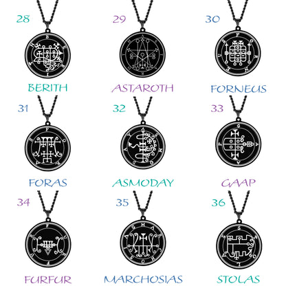 Black Necklace With Seals Of The 72 Spirits In The Lesser Key of Solomon | King Asmoday Demon Origins Goetia Stainless Steel Pendant | Apollo Tarot Jewelry Shop