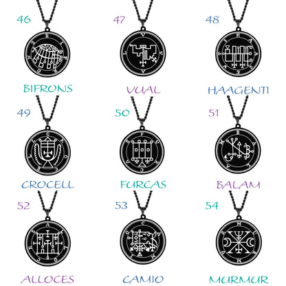 Black Necklace With Seals Of The 72 Spirits In The Lesser Key of Solomon | King Asmoday Demon Origins Goetia Stainless Steel Pendant | Apollo Tarot Jewelry Shop