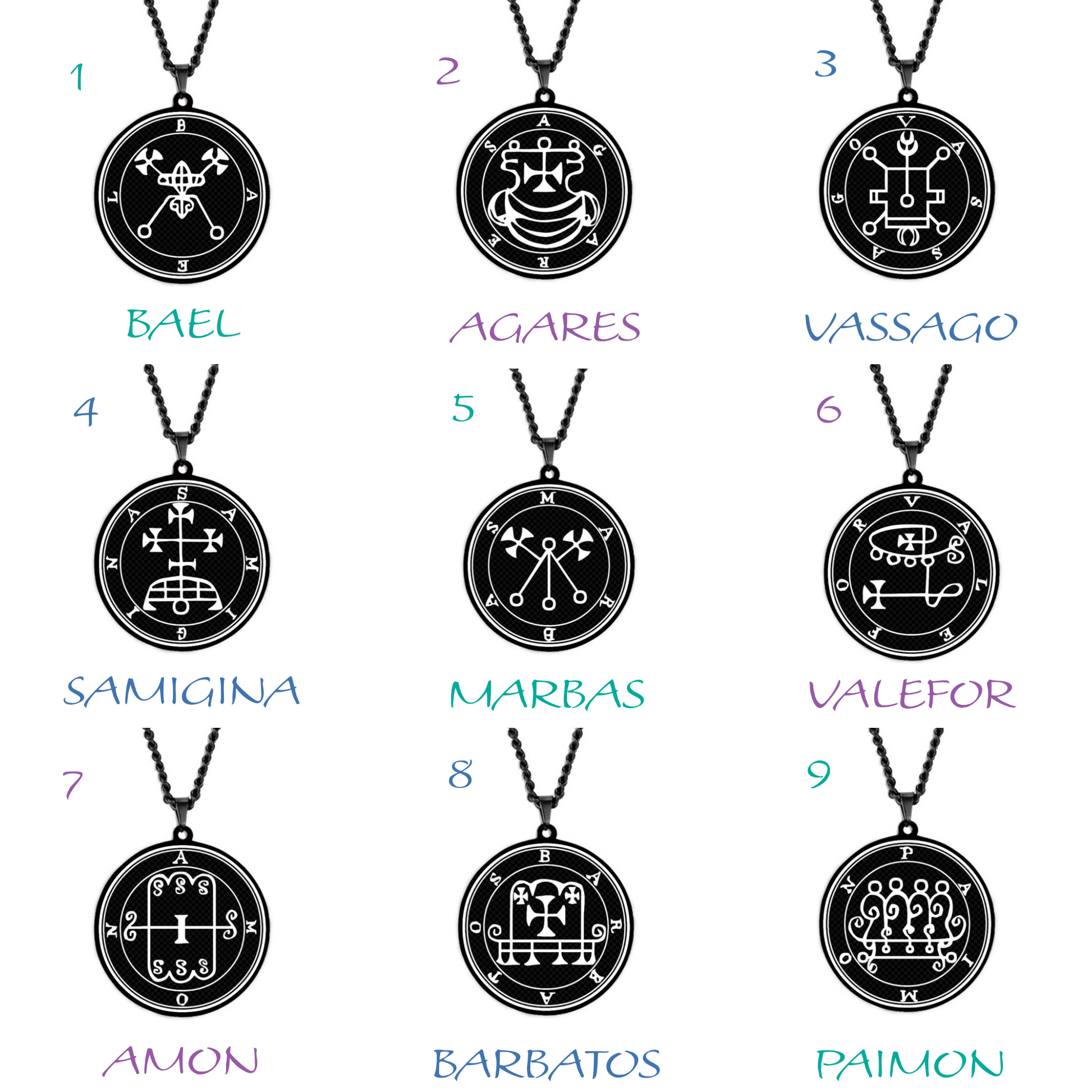 Black Pendant Necklace With Seals Of The 72 Spirits In The Lesser Key of Solomon | King Asmoday Demon Origins Goetia Goth Jewelry | Apollo Tarot Jewelry Shop