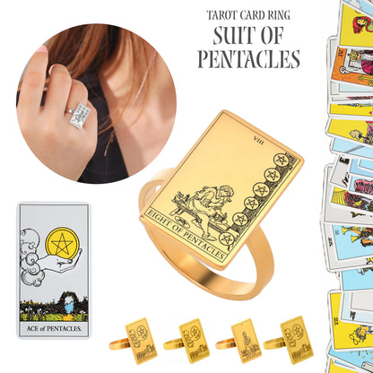 Gold Tarot Card Ring | Charms From The Suit Of Pentacles Rider-Waite-Smith Deck | Apollo Tarot