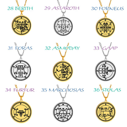 Silver Pendant Necklace With Seals Of The 72 Spirits In The Lesser Key of Solomon (Sigils 61-72) | Apollo Tarot Jewelry Shop