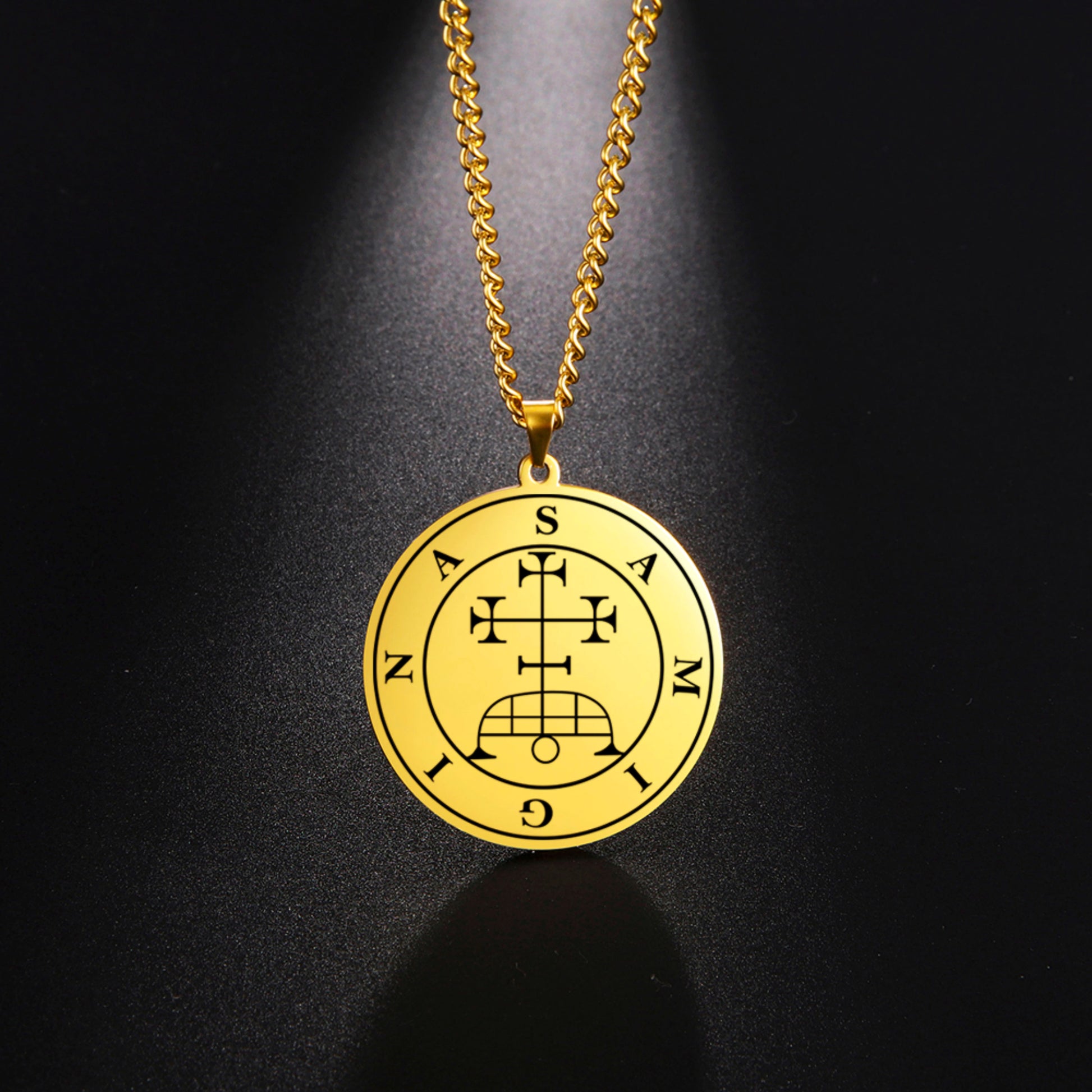 Gold Pendant Necklace With Seals Of The 72 Spirits In The Lesser Key of Solomon (Sigils 37-48) | Apollo Tarot Jewelry Shop