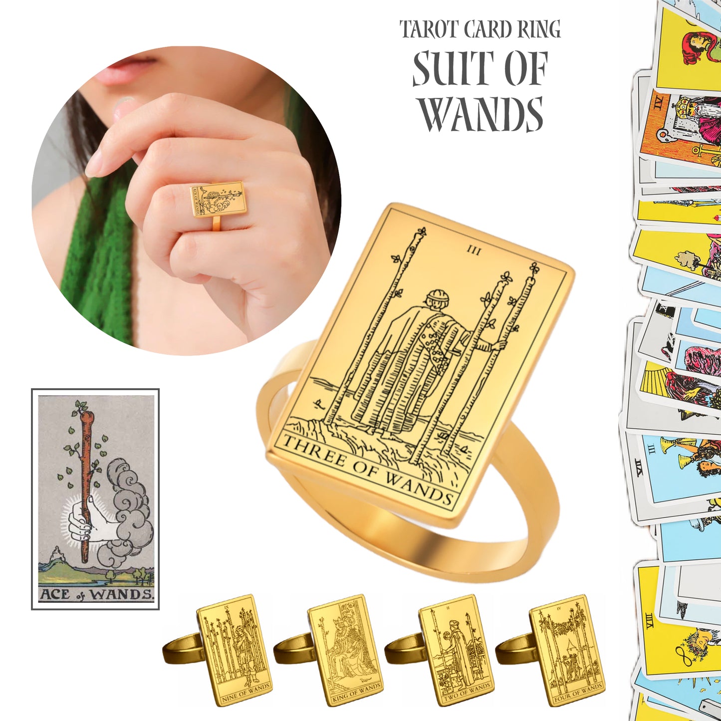 Tarot Card Ring | Suit Of Wands Minor Arcana Tarot Cards | Gold-Plated Stainless Steel Charm Jewelry