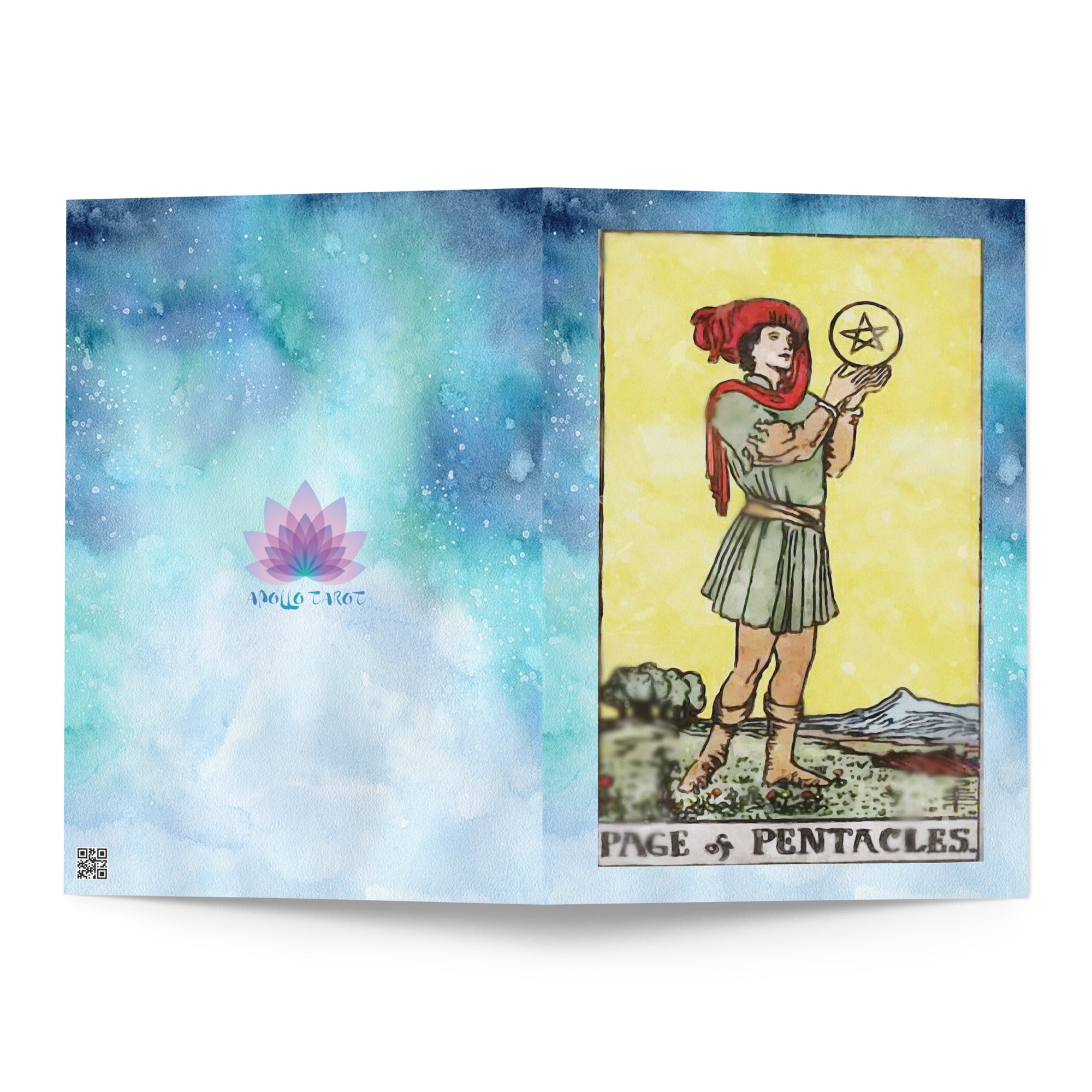 Greeting Card Of The Page Of Pentacles Tarot Card For Freshman Or Graduating Students | Apollo Tarot Shop