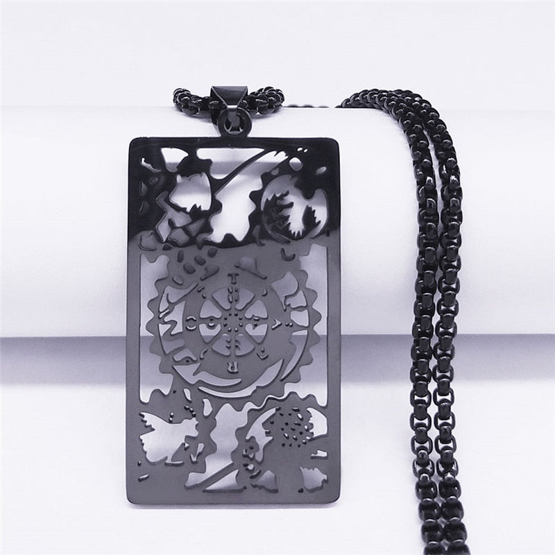 Tarot Card Necklace | Wheel Of Fortune Molded Black Pendant | Mens Necklace | Apollo Tarot Shop
