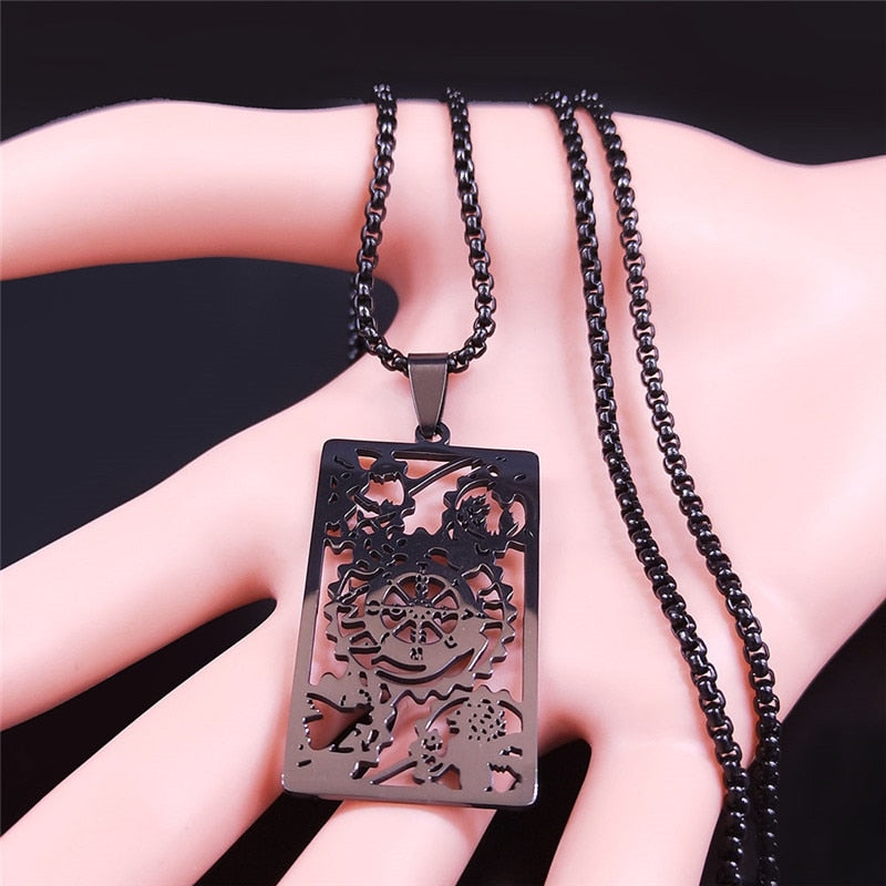 Tarot Card Necklace | Wheel Of Fortune Molded Black Pendant | Mens Necklace | Apollo Tarot Shop