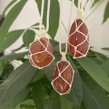 Real Carnelian Necklace | Hand-Wrapped Hemp Macrame | Hippie Crystal Pendant | Apollo Tarot