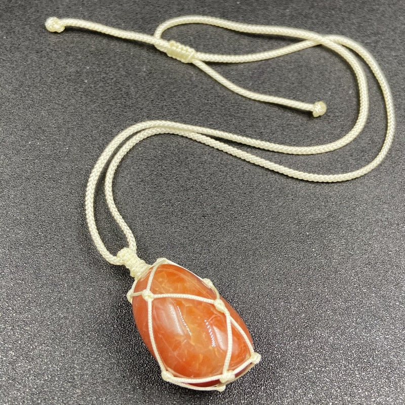 Real Carnelian Necklace | Hand-Wrapped Hemp Macrame | Hippie Crystal Pendant | Apollo Tarot