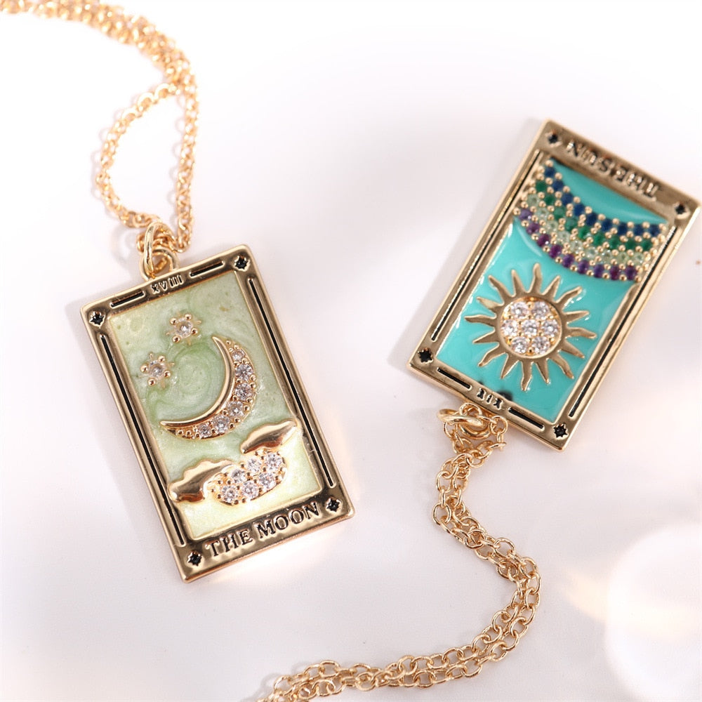 Vintage Tarot Necklace for Women | The Sun, The Moon, The Star Cards | Enamel Zircon Pendants