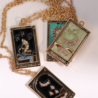 Vintage Tarot Necklace for Women | The Sun, The Moon, The Star Cards | Enamel Zircon Pendants