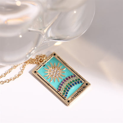 Vintage Tarot Necklace for Women | The Sun, The Moon, The Star Cards | Enamel Zircon Pendants