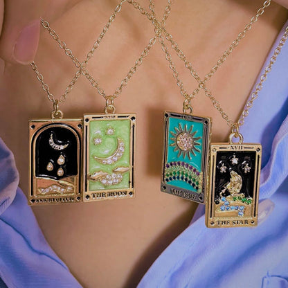 Vintage Tarot Necklace for Women | The Sun, The Moon, The Star Cards | Enamel Zircon Pendants