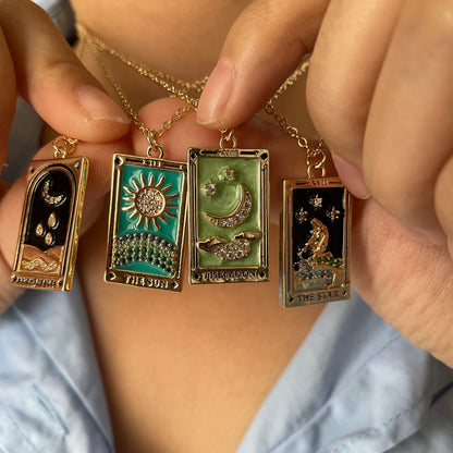 Vintage Tarot Necklace for Women | The Sun, The Moon, The Star Cards | Enamel Zircon Pendants