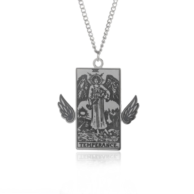 Winged Tarot Card Necklace | Stainless Steel Rider-Waite Pendant | Divination Amulet Jewelry | Apollo Tarot