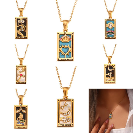 Tarot Card Necklace | Dainty Gold-Plated Witchy Jewelry | Enamel & Cubic Zirconia Oracle Cards Pendants | Apollo Tarot Shop