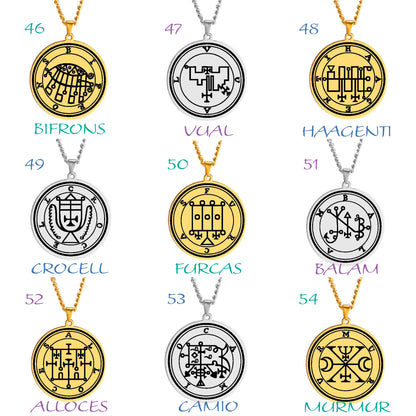 Gold Pendant Necklace With Seals Of The 72 Spirits In The Lesser Key of Solomon (Sigils 37-48) | Apollo Tarot Jewelry Shop