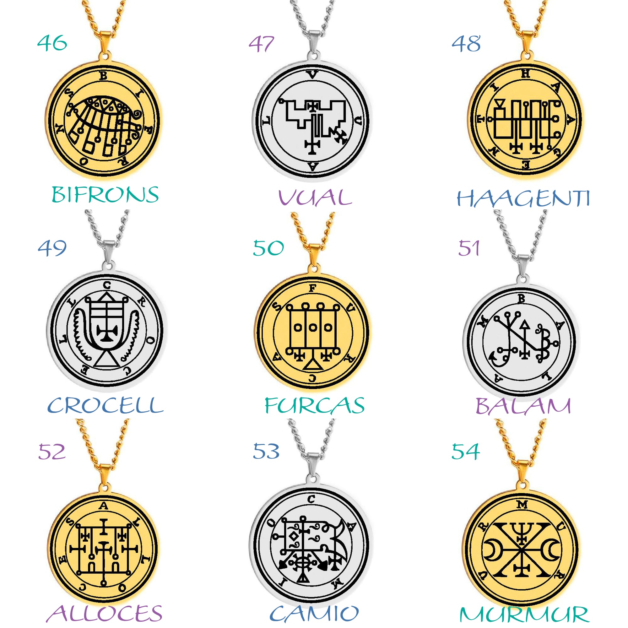 Gold Pendant Necklace With Seals Of The 72 Spirits In The Lesser Key of Solomon (Sigils 61-72) | Apollo Tarot Jewelry Shop