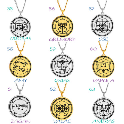 Gold Pendant Necklace With Seals Of The 72 Spirits In The Lesser Key of Solomon (Sigils 37-48) | Apollo Tarot Jewelry Shop