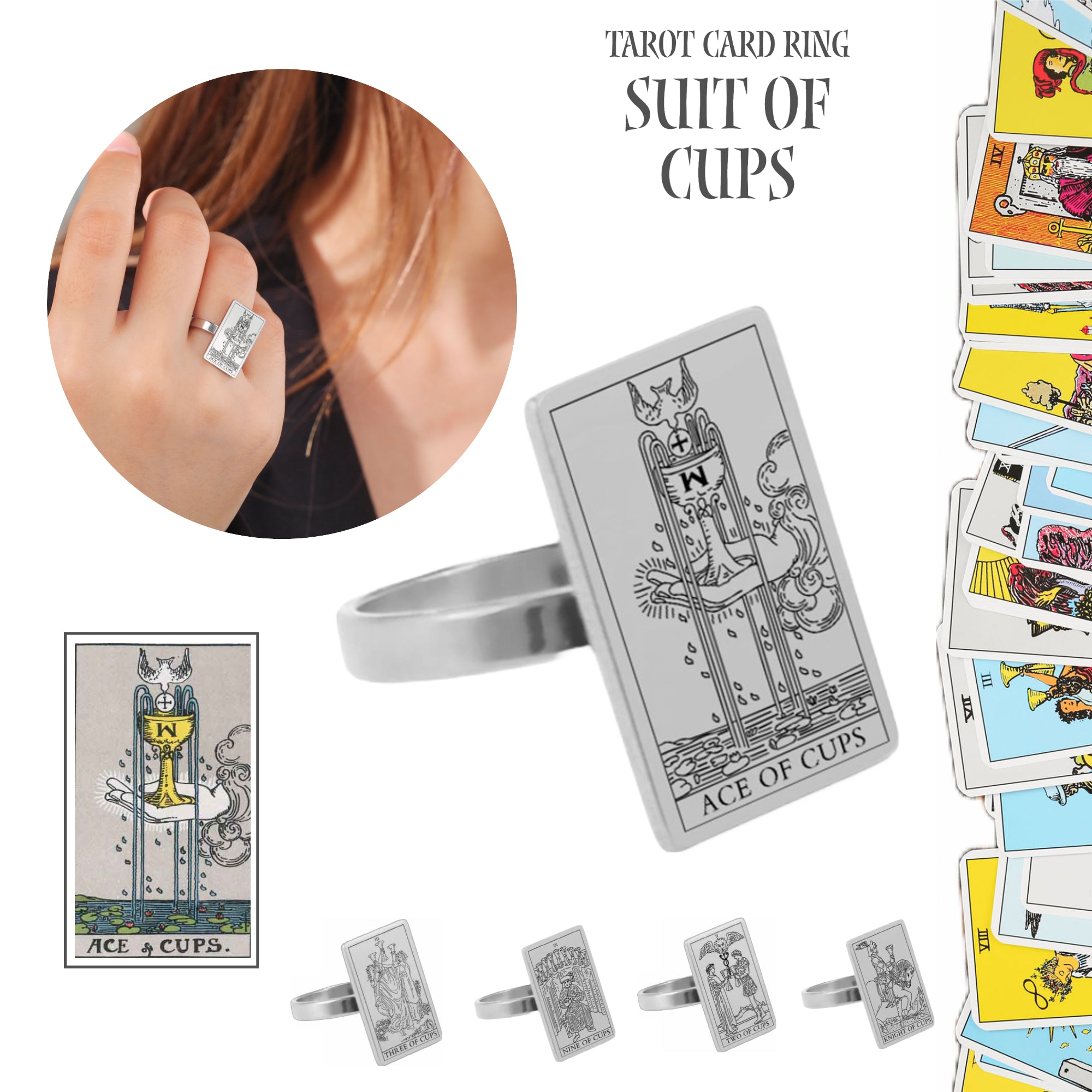Tarot Card Ring - Silver | Suit of Cups Charms | Esoteric Occult Jewelry | Apollo Tarot