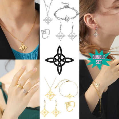 Witch Knot Jewelry Set | Witchy Celtic Necklace, Bracelet, Earring, & Ring Four-Piece Set | Witchcraft Amulet Gift For Wiccan Pagan Women | Apollo Tarot Shop