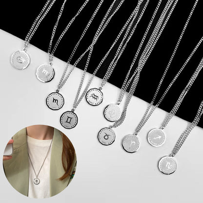 Twelve Constellation Long Necklace | 12 Zodiac Signs Round Silver Color Pendant | Witchy Birthday Gift Jewelry For Spiritual Men & Women | Apollo Tarot Shop