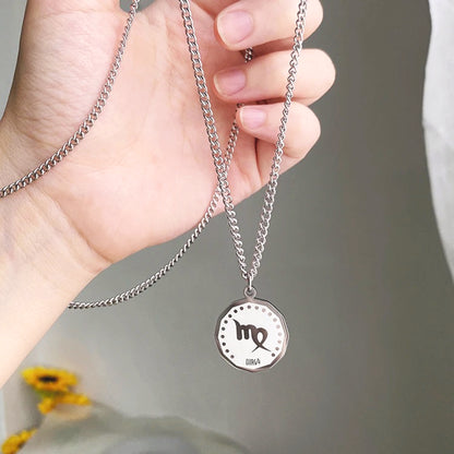Twelve Constellation Long Necklace | 12 Zodiac Signs Round Silver Color Pendant | Witchy Birthday Gift Jewelry For Spiritual Men & Women | Apollo Tarot Shop